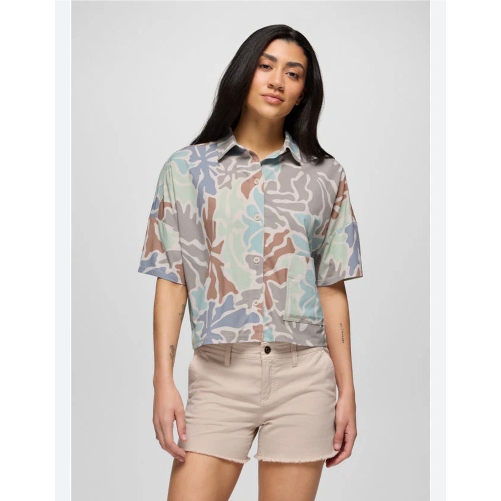 prAna Womens Railay Short Sleeve Button Down Shirt Abstract Floral Top Small - Picture 2 of 9